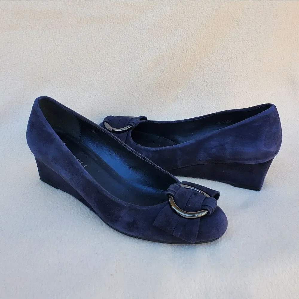Vaneli blue suede wedges with attached ribbon buckle